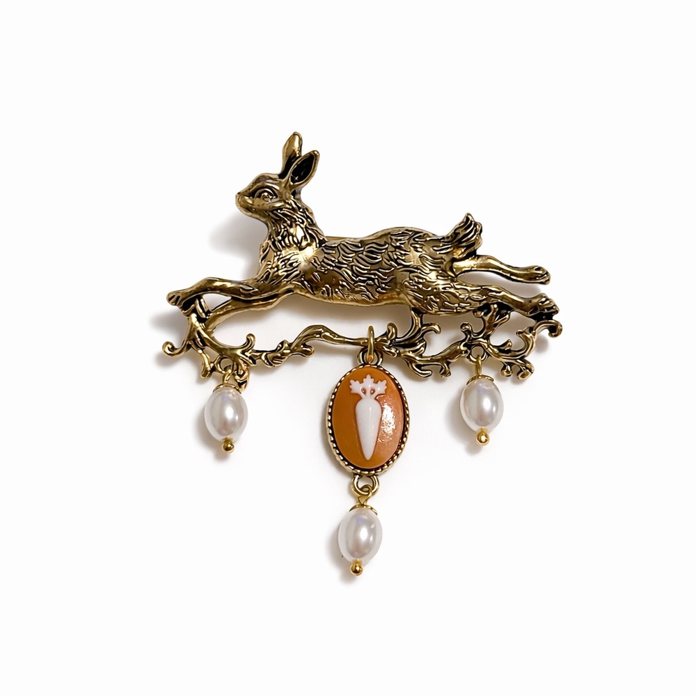 Vintage Gold Rabbit Brooch with Pearls
